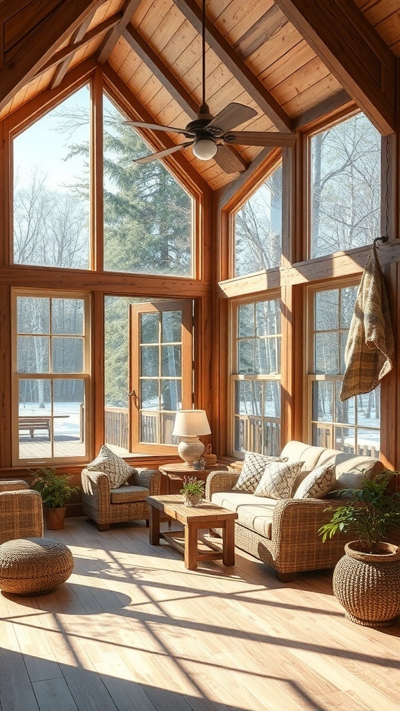 A rustic room with large windows, wooden beams, and cozy seating, inspired by outdoor elements.