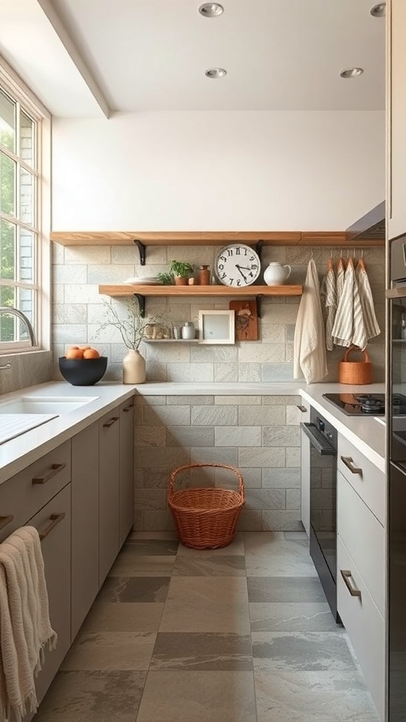 A modern kitchen with stone-like tiles, wooden shelves, and a cozy atmosphere.