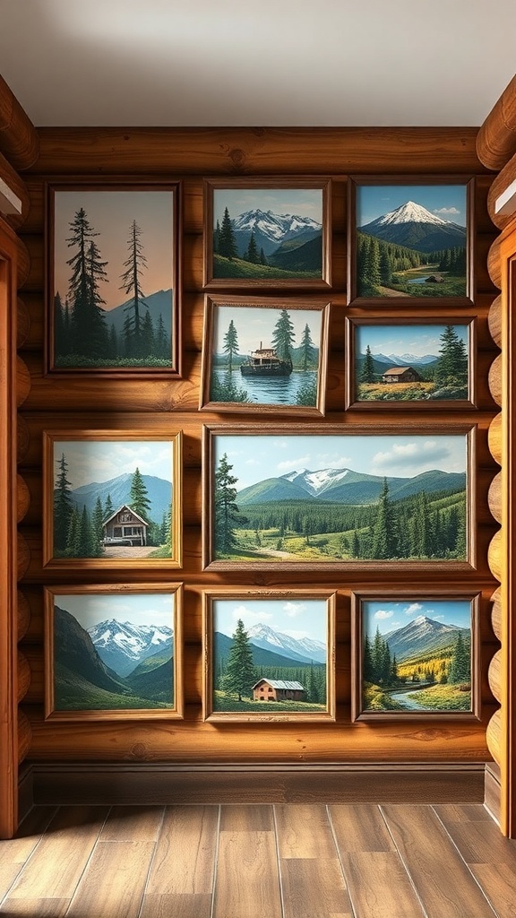 A collection of framed mountain and forest paintings on a log cabin wall.