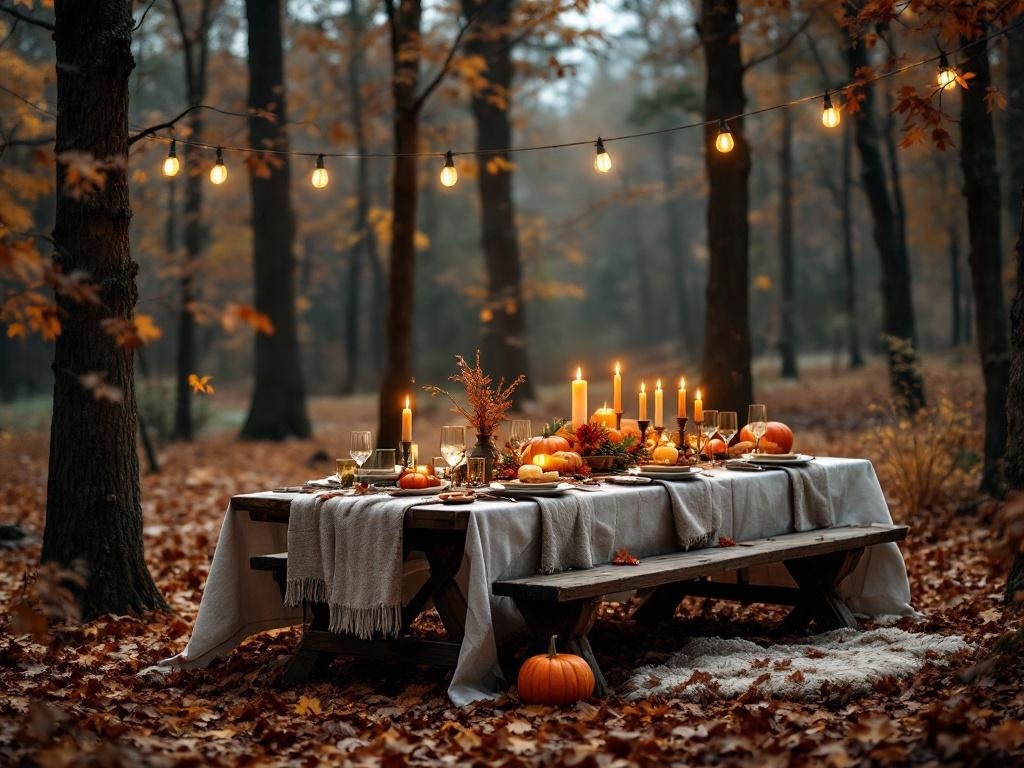 A beautifully set outdoor Thanksgiving table surrounded by autumn leaves and trees, illuminated by string lights and candles.