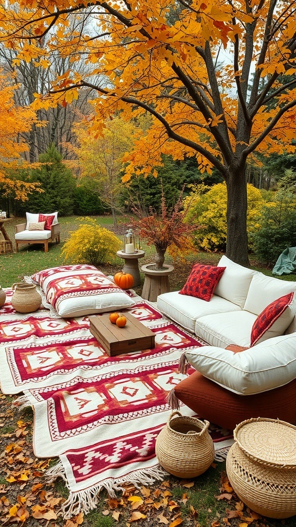 A cozy outdoor boho gathering setup with a rug, pillows, pumpkins, and colorful autumn leaves.
