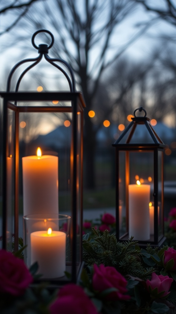 Outdoor candles in lanterns with a warm glow surrounded by greenery and roses