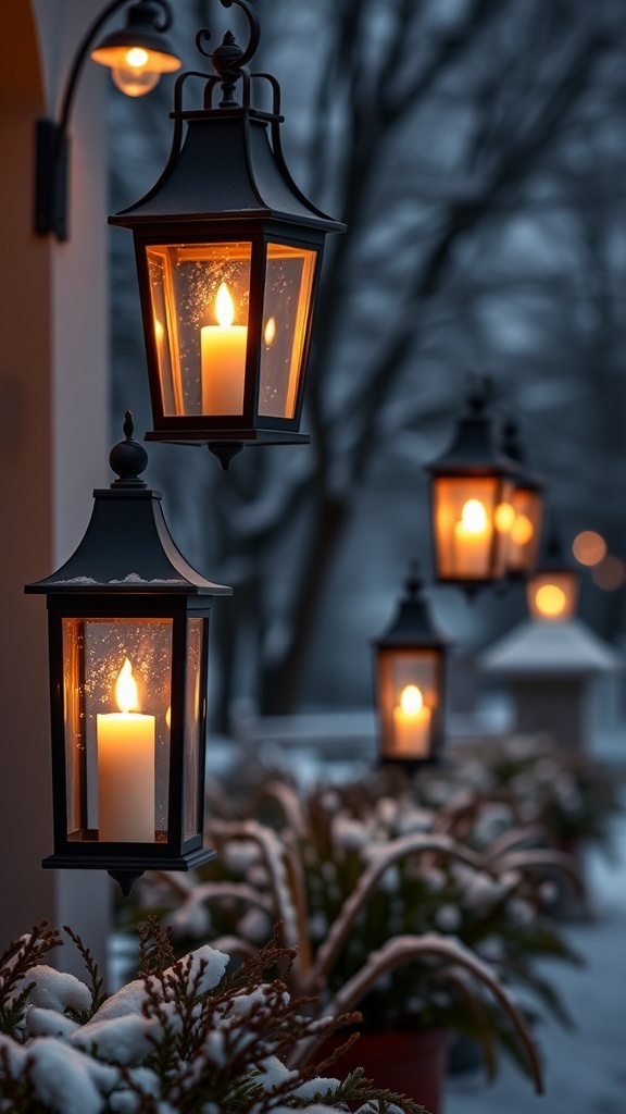 Outdoor candles glowing in lanterns during winter