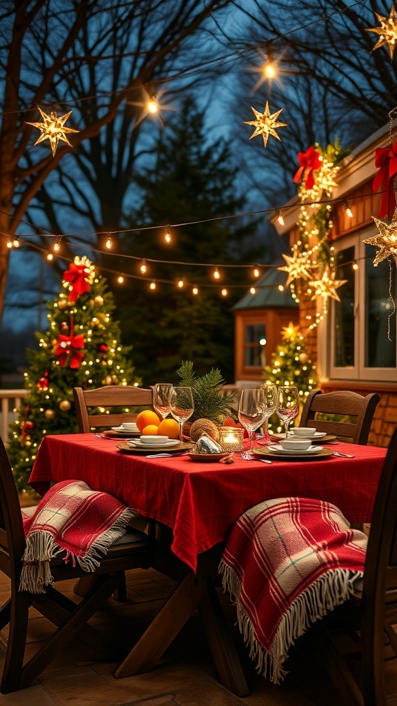 Outdoor Christmas dining table with red tablecloth, cozy blankets, and festive decorations.