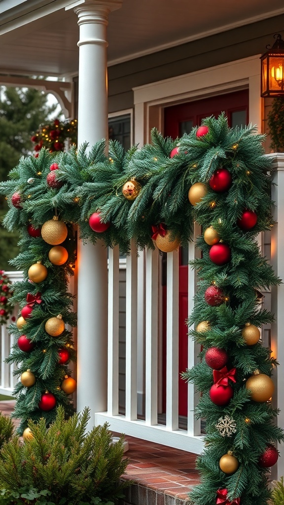 A beautifully decorated outdoor garland with red and gold ornaments
