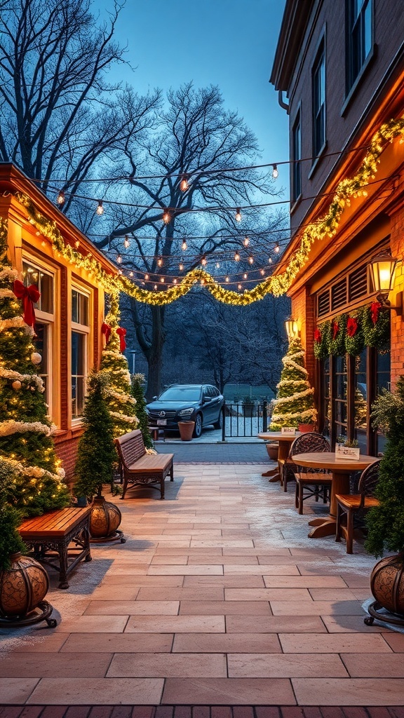 A beautifully decorated outdoor space with Christmas lights and trees.