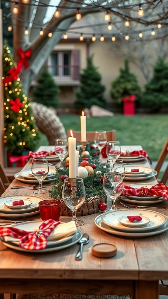 An outdoor Christmas table setting with festive decorations, plates, and candles.