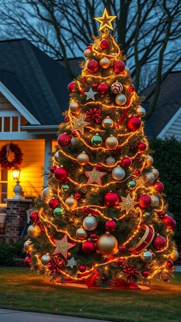 A beautifully decorated outdoor Christmas tree with colorful ornaments and lights.