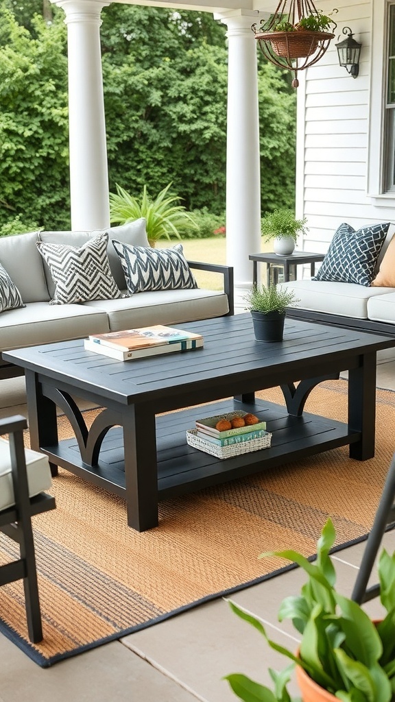 A modern farmhouse coffee table on a patio with comfortable seating.