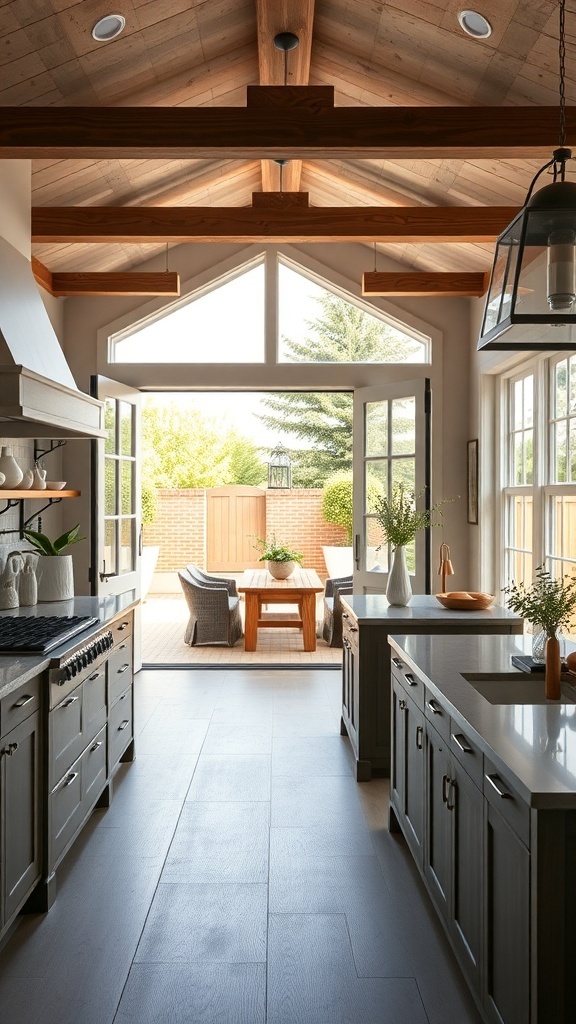 A luxury farmhouse kitchen with large windows and rustic design elements.