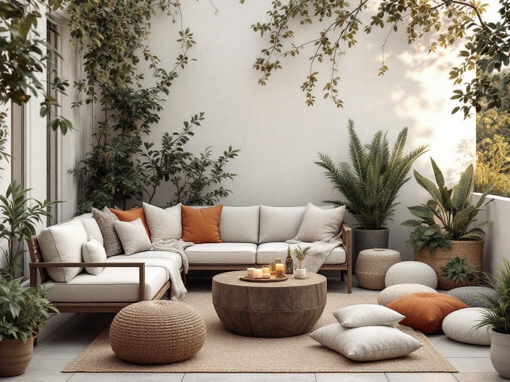 A cozy outdoor seating area with a sectional sofa, plants, and a wooden coffee table.