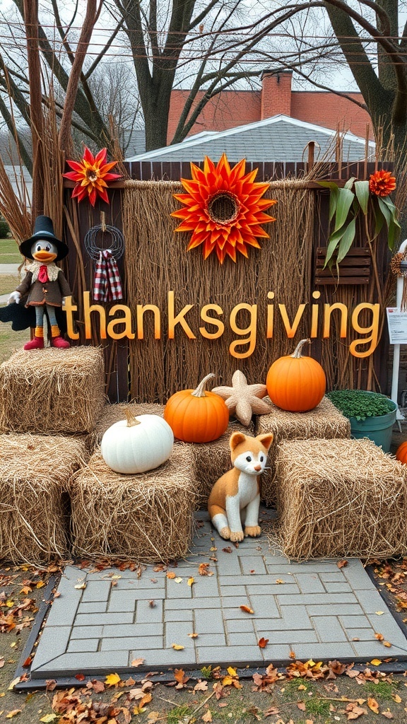 Thanksgiving outdoor decor featuring hay bales, pumpkins, and a fox figure