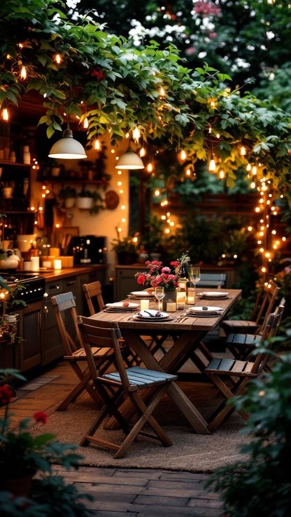 Outdoor dining area with a wooden table, chairs, and hanging lights surrounded by greenery.
