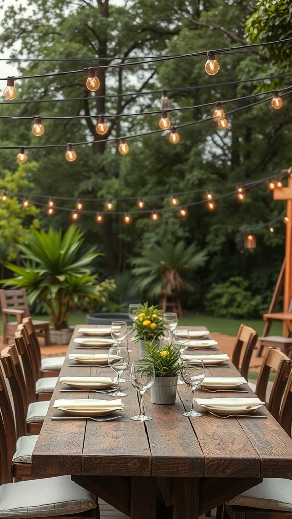 A rustic outdoor dining table set with plates and glasses, illuminated by string lights.