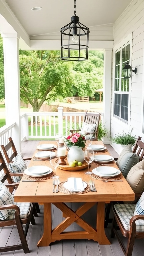 Outdoor dining setup on a modern farmhouse porch with a wooden table and comfortable chairs.