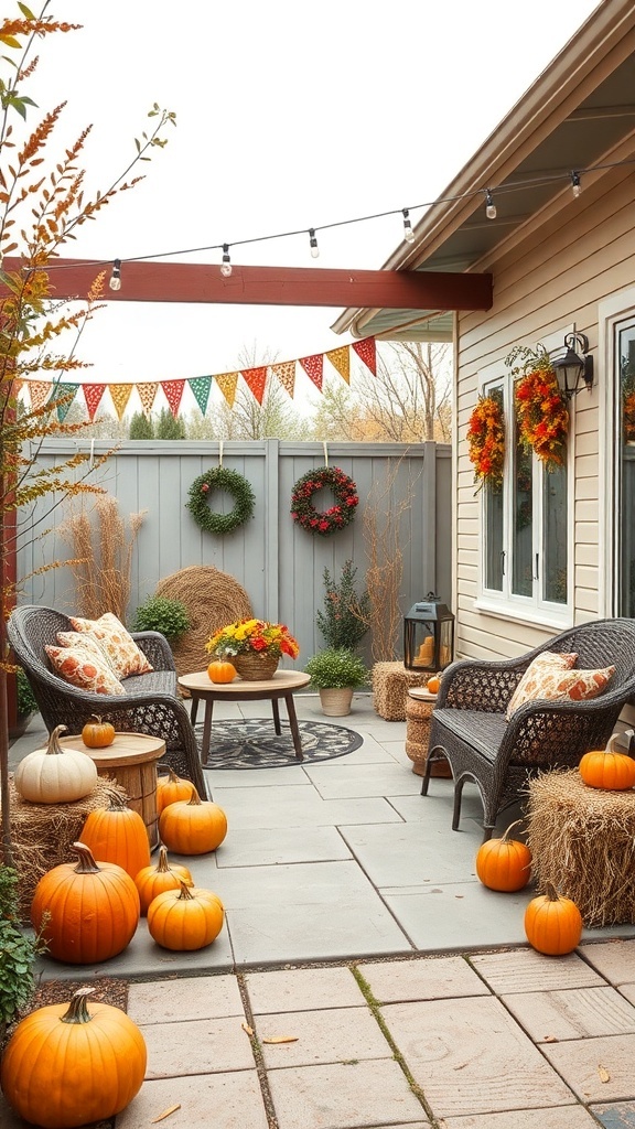A cozy outdoor space decorated for fall with pumpkins, seating, and festive decor.
