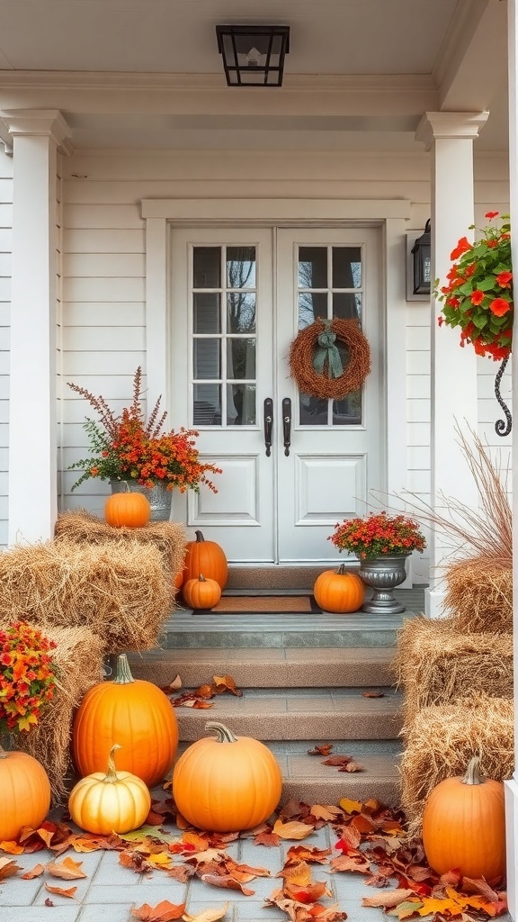 A cozy fall porch decorated with pumpkins, hay bales, and colorful flowers.