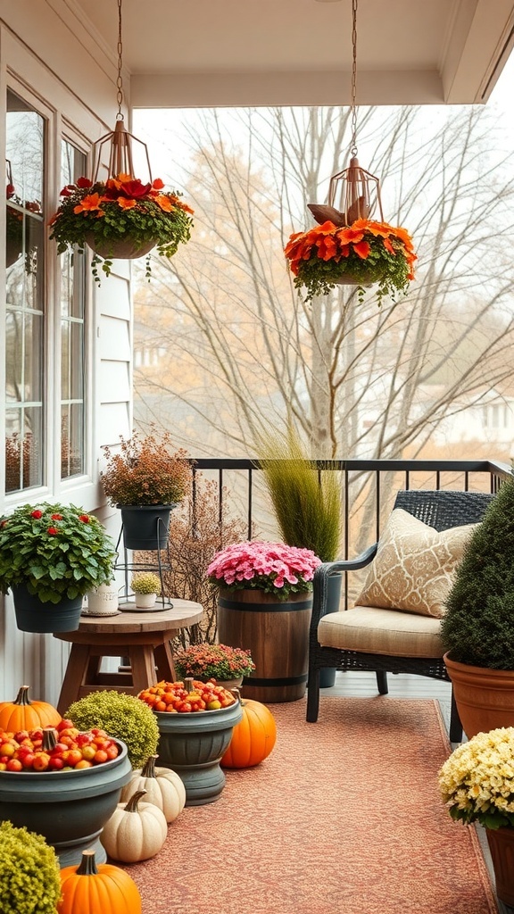 A cozy porch decorated for fall with hanging plants, pumpkins, and a comfortable chair.