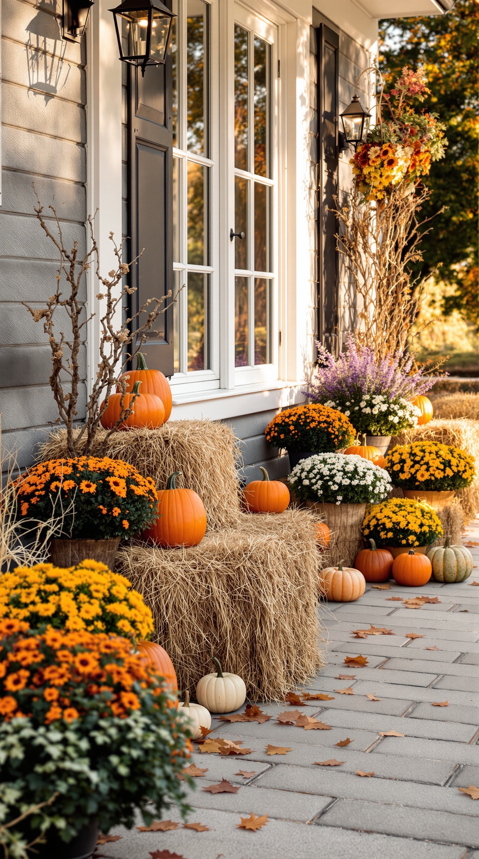 A cozy outdoor fall decor setup featuring pumpkins, flowers, and hay bales.