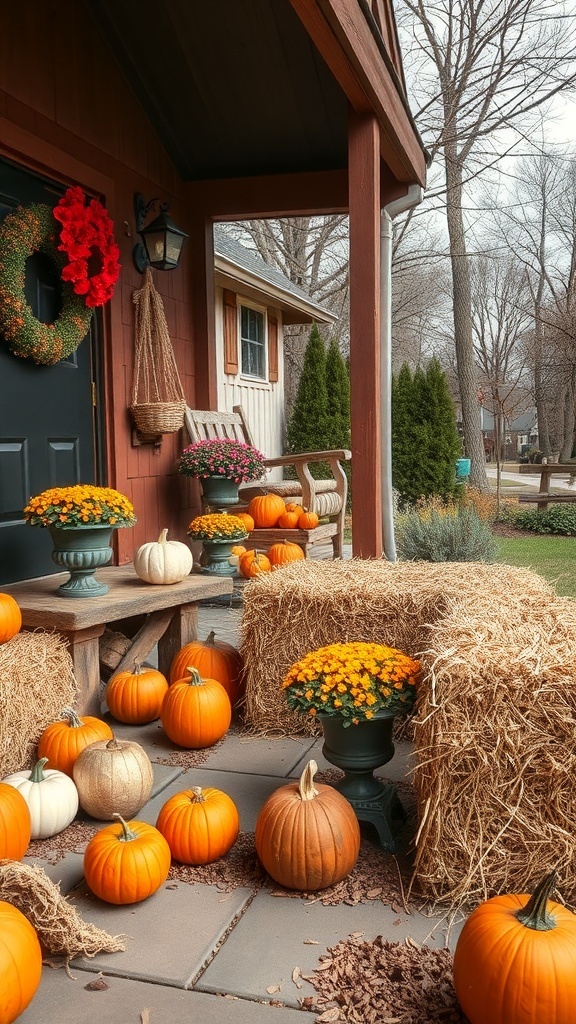 A cozy front porch decorated for fall with pumpkins, flowers, and hay bales.