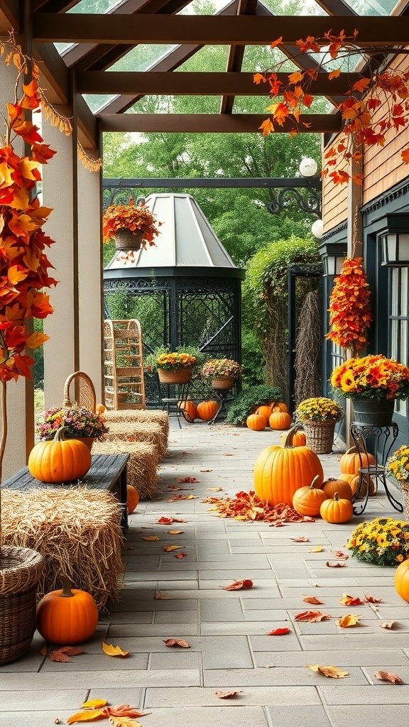A cozy porch decorated for fall with pumpkins, hay bales, and colorful flowers.