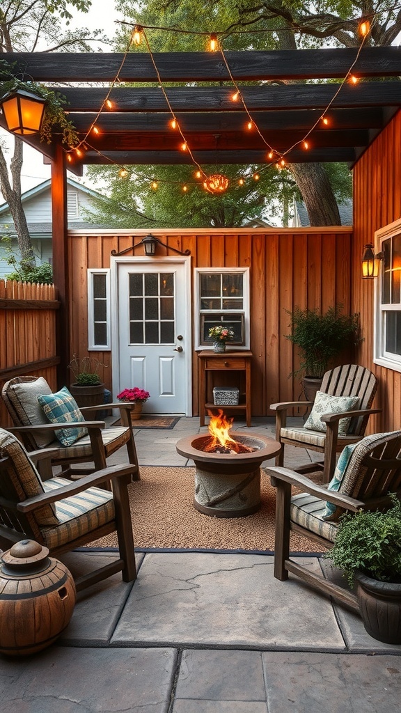 Cozy outdoor seating area with a fire pit and string lights