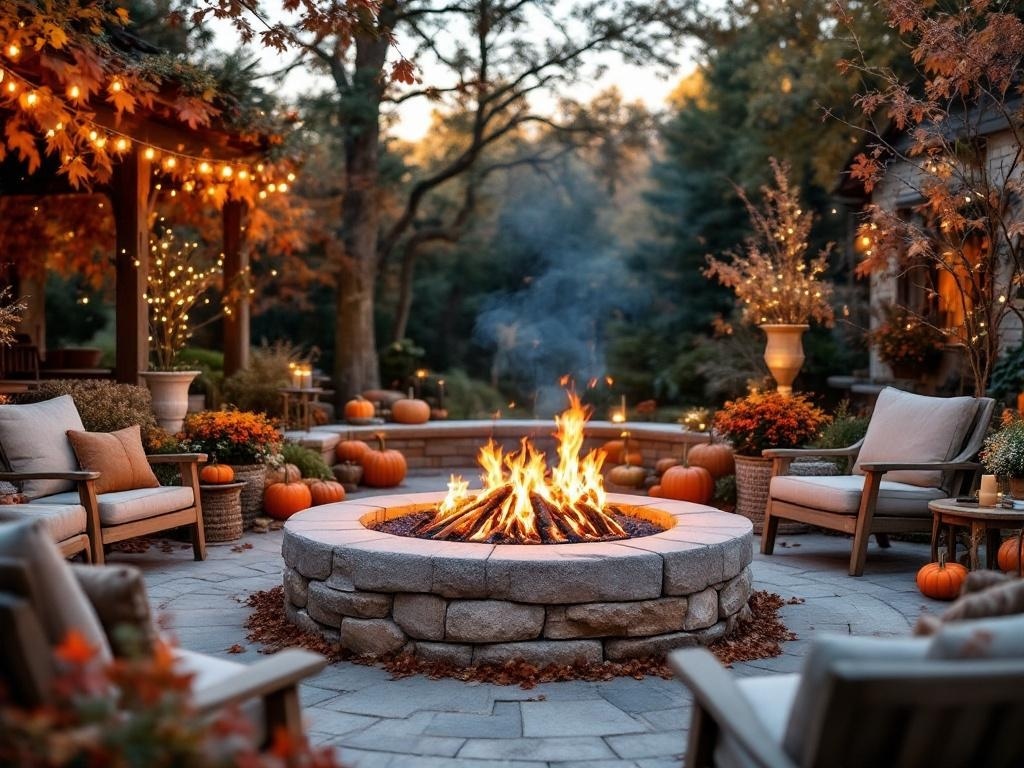 A cozy outdoor fire pit area with pumpkins, flowers, and string lights.