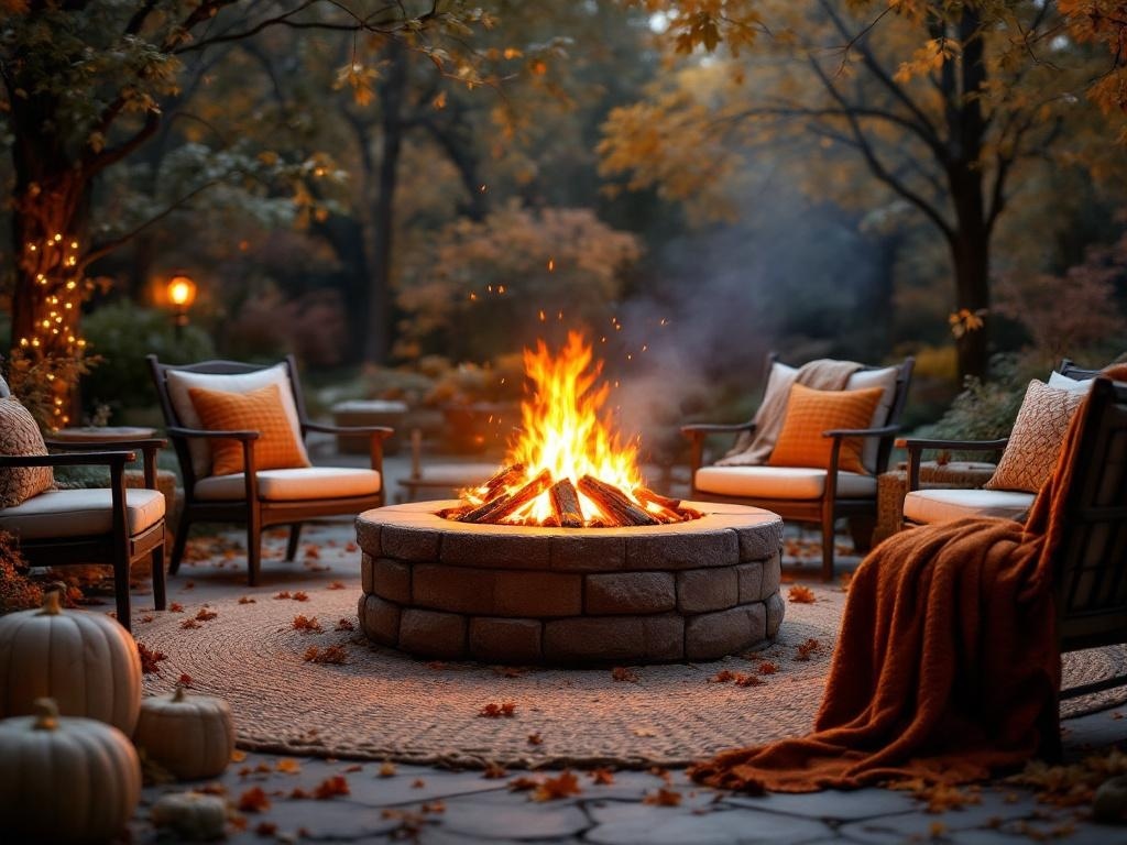 A cozy outdoor fire pit surrounded by chairs, pumpkins, and autumn leaves.