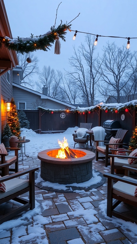 Cozy outdoor fire pit area with chairs, snow, and festive decorations.