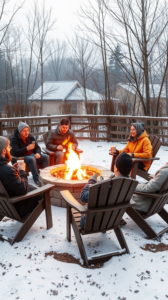 Group of friends sitting around a fire pit in winter, enjoying drinks and conversation.