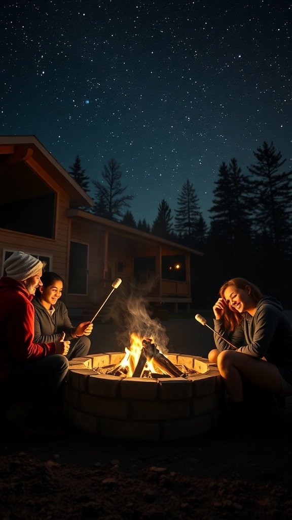 A group of people gathered around a fire pit at night, roasting marshmallows under a starry sky.