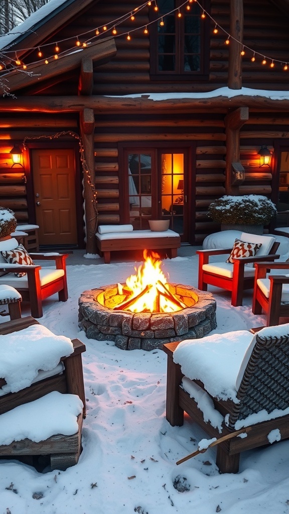 Cozy outdoor fire pit setup with snow and warm lights.