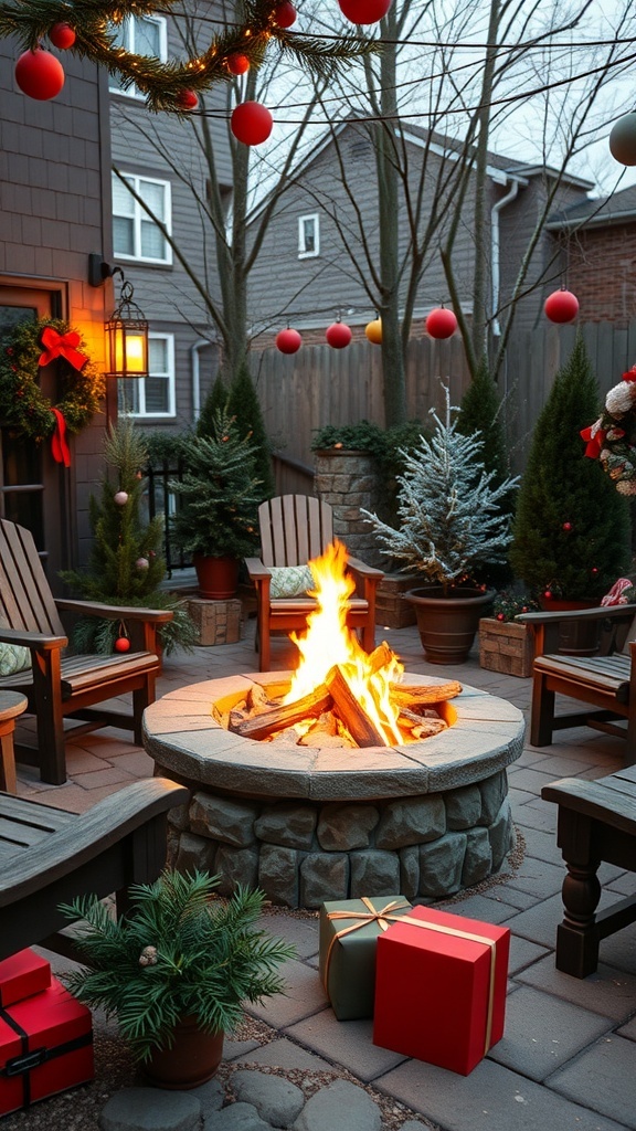 A festive outdoor fire pit surrounded by holiday decorations, including a wreath and colorful ornaments.