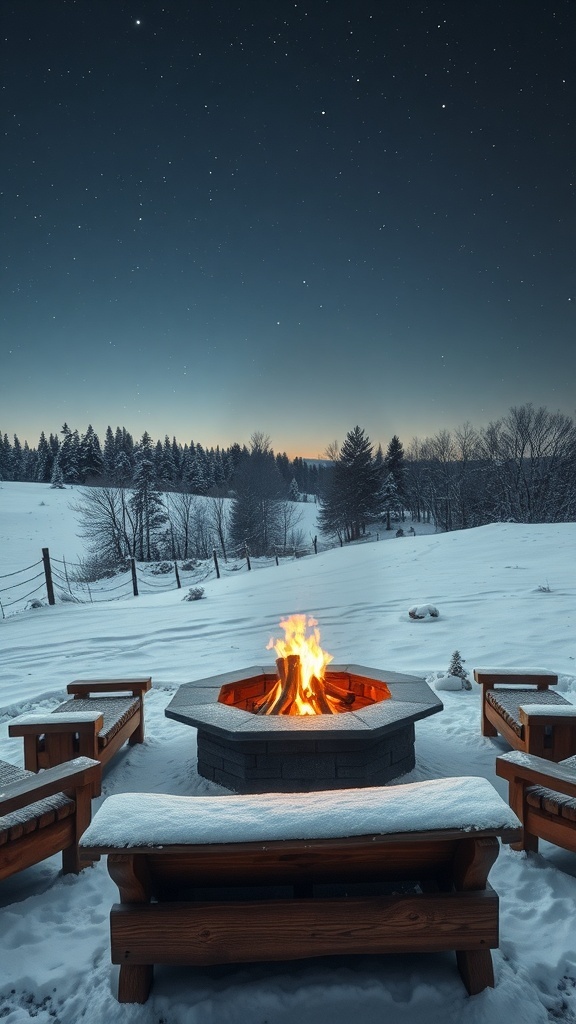 A cozy outdoor fire pit surrounded by wooden seating, set in a snowy landscape under a starry night.