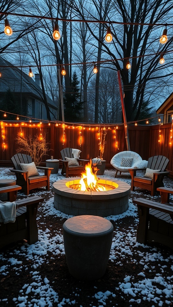 A cozy outdoor fire pit surrounded by string lights and chairs, creating a warm atmosphere.