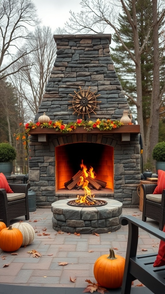 A cozy outdoor fireplace surrounded by pumpkins and autumn decorations.
