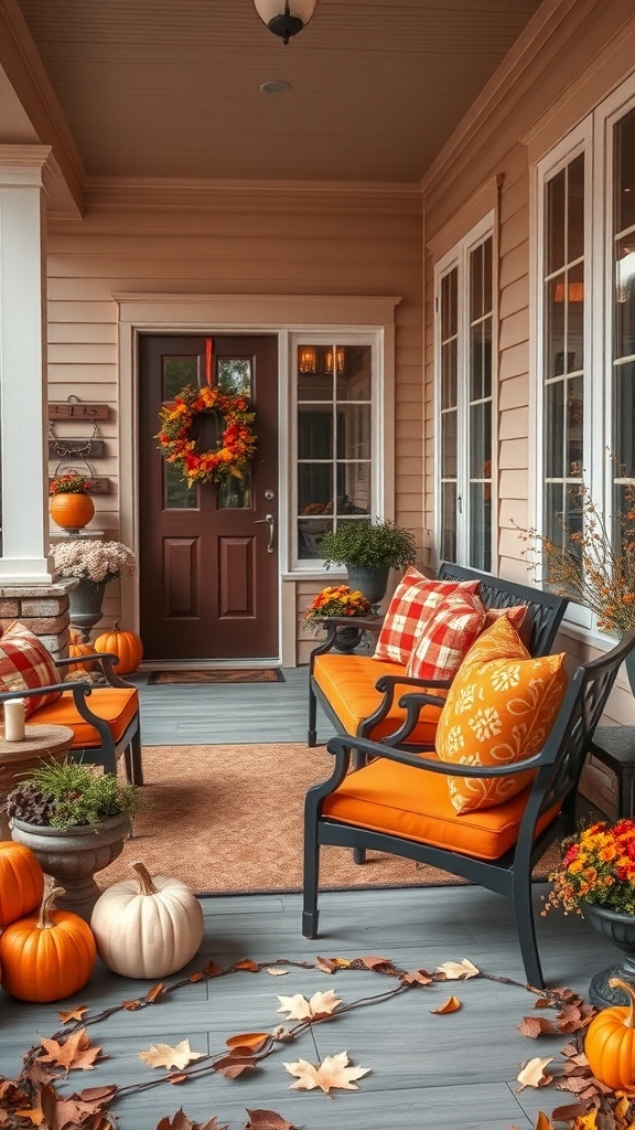 A cozy fall-themed porch with orange outdoor furniture, pumpkins, and autumn decorations.