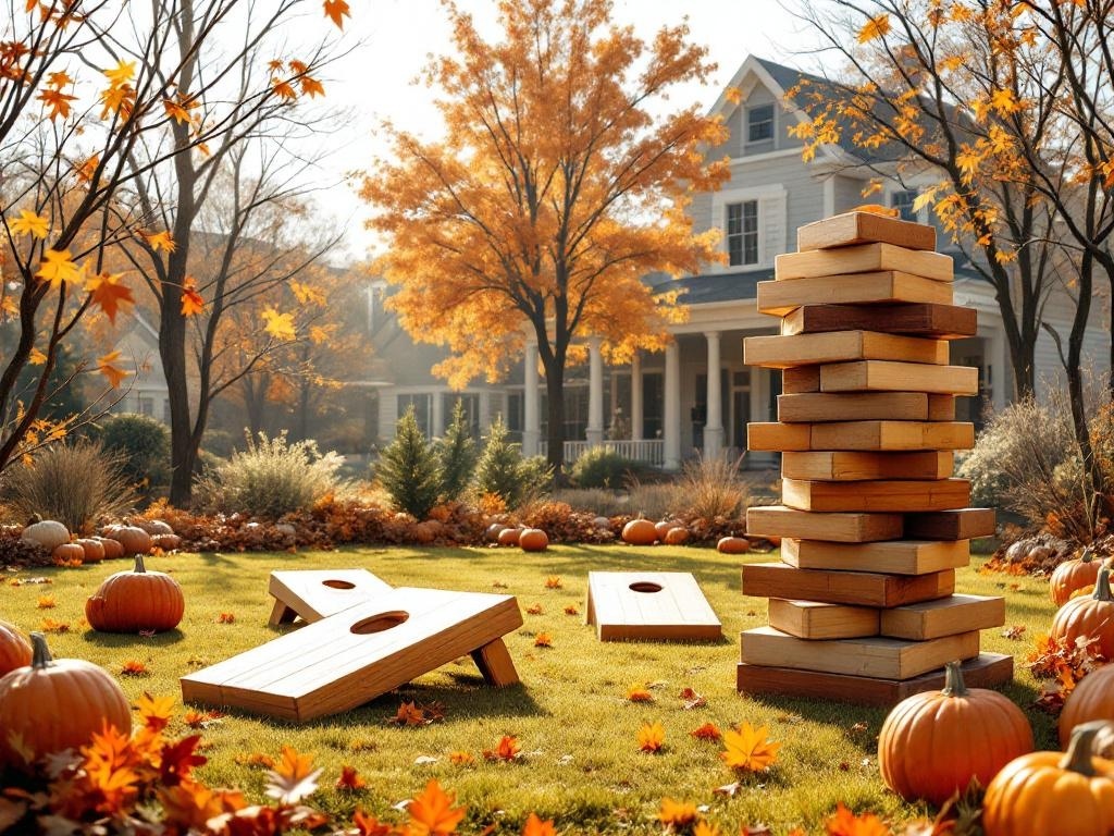 A backyard with a giant Jenga tower and cornhole game surrounded by autumn leaves and pumpkins