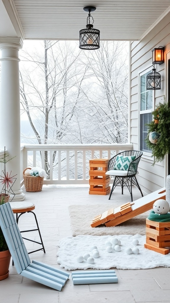A winter porch setup with snowball toss game and cozy seating.