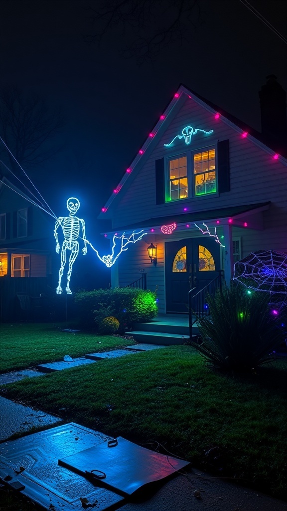 A house decorated for Halloween with colorful lights and a glowing skeleton.
