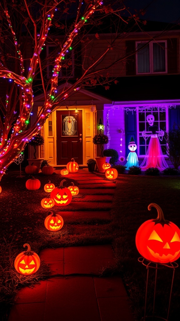 A Halloween decorated house with glowing jack-o'-lanterns and colorful lights.