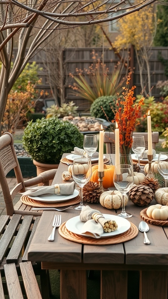 A beautifully arranged outdoor Thanksgiving table with candles, pumpkins, and pinecones.