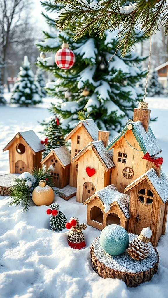 Colorful holiday signs in the snow with a cozy house in the background