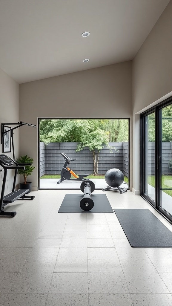 A modern home gym with large windows overlooking a green outdoor space.