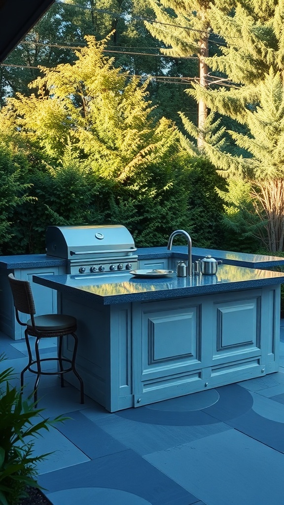 A modern outdoor kitchen island with a grill and barstools surrounded by greenery.