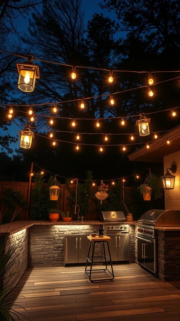 An outdoor kitchen at night with warm string lights and pendant lights illuminating the space.