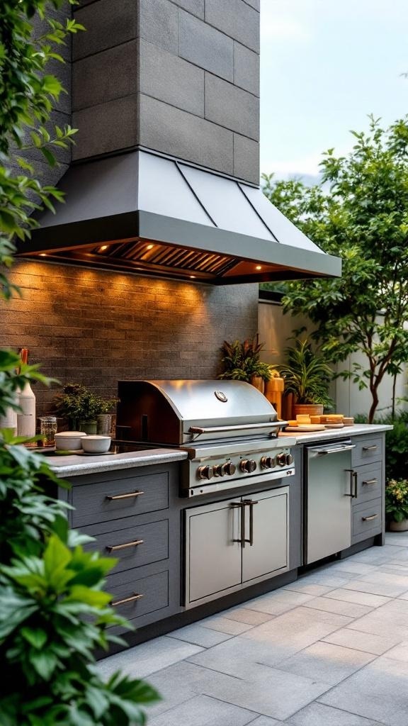 Outdoor kitchen with a modern hood over a grill, surrounded by greenery.