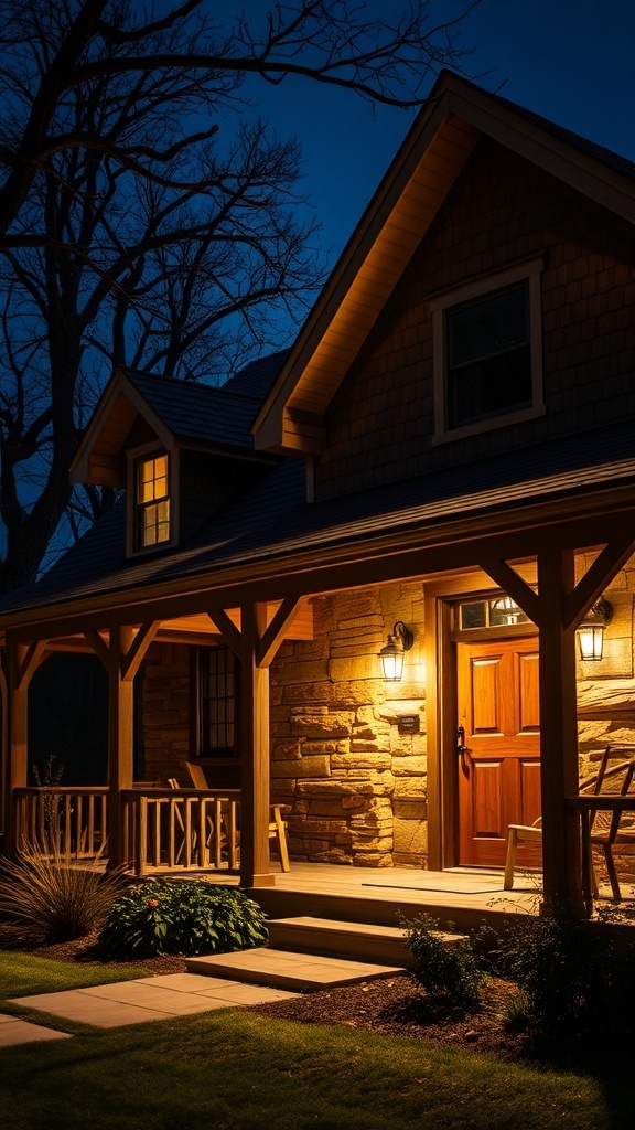 A rustic house exterior with warm outdoor lighting fixtures illuminating the entrance.