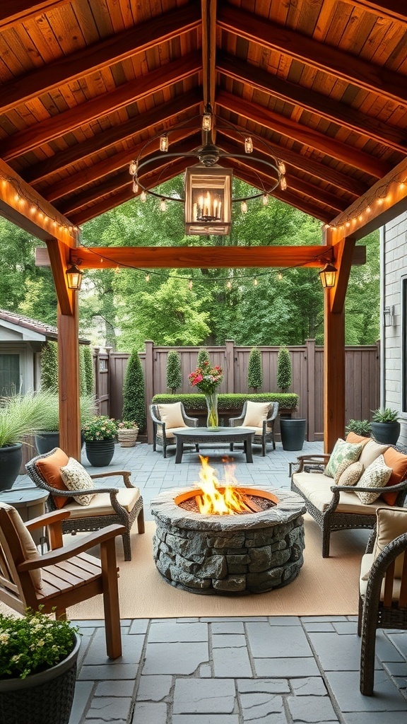 Cozy outdoor living area with a fire pit and comfortable seating under a wooden structure.