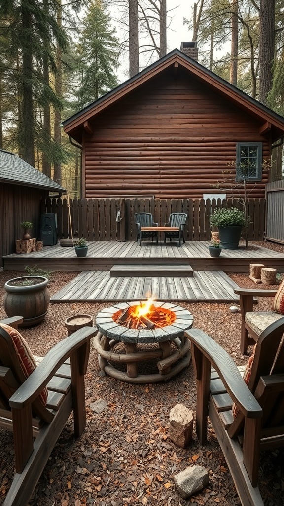 A rustic outdoor living area featuring a fire pit surrounded by wooden chairs, with a log cabin in the background.